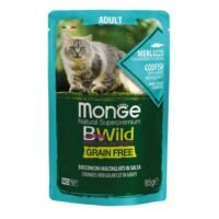 Monge BWild Grain Free Adult Codfish – Yetkin Pişiklər Üçün Morina Balıqlı və Karidesli Dənsiz Yaş Yem (85 qr)